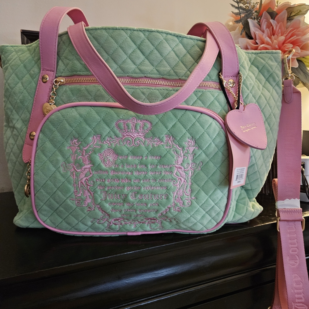 Juicy Couture Green and Pink Quilted Tote Bag